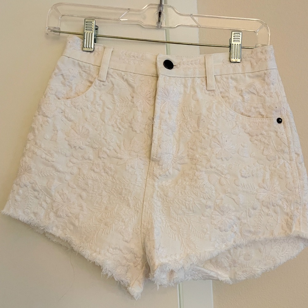 Free People Embroidered White Denim Shorts